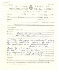 [Telegrama] 1957 ene. 10, La Plata, Provincia de Buenos Aires, Argentina [a] Gabriela Mistral.