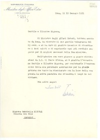 [Carta] 1951 genn. 15, Roma, [Italia] [a la] Signora Gabriella [i.e. Gabriela] Mistral, Console del Cile, Rapallo, [Italia]