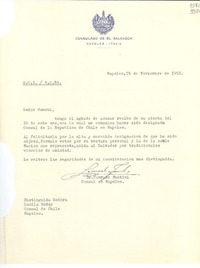 [Carta] 1951 nov. 15, Nápoles, [Italia] [a] Distinguida Señora Lucila Godoy, Cónsul de Chile, Nápoles