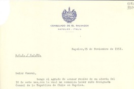 [Carta] 1951 nov. 15, Nápoles, [Italia] [a] Distinguida Señora Lucila Godoy, Cónsul de Chile, Nápoles