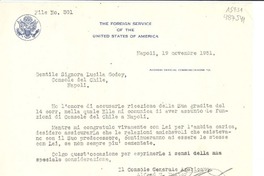 [Carta] File N° 301, 1951 nov. 19, Napoli, [Italia] [a la] Gentile Signora Lucila Godoy, Console del Chile, Napoli, [Italia]