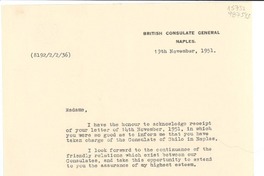 [Carta] 1951 Nov. 19, Naples, [Italy] [a la] Mme. Lucila Godoy, Consulado de Chile en Italia, Naples, [Italy]