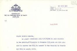 [Carta] 1951 nov. 21, Naples, [Italia] [al] Ill.Mo Signora Lucila Godoy, Console del Cile, Via Tasso, 220, Napoli, [Italia]