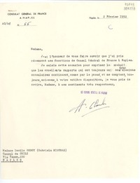 [Carta] 1952 févr. 2, Naples, [Italia] [a] Madame Lucila Godoy, Consul du Chili, Naples