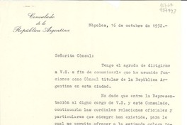 [Carta] 1952 oct. 16, Nápoles, [Italia] [a la] Señorita Cónsul de Chile, Lucila Godoy, Nápoles, [Italia]
