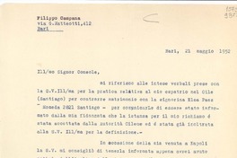 [Carta] 1952 magg. 21, Bari, [Italia] [a] Illmo. Signor Console