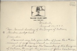 [Carta] 1933 Aug. 14, Madrid, [España] [al] Hon. General Secretary of the League of Nations, Ginebra, Switzerland