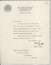 [Carta] 1946 Sept. 12, Washington, D. C., [EE.UU.] [a la] Señorita Gabriela Mistral, Consulate of Chile, Los Angeles, California, [EE.UU.]