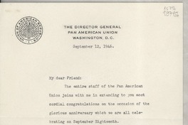 [Carta] 1946 Sept. 12, Washington, D. C., [EE.UU.] [a la] Señorita Gabriela Mistral, Consulate of Chile, Los Angeles, California, [EE.UU.]