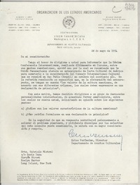 [Carta] 1954 mayo 28, Washington 6, D. C., E. U. A. [a la] Sra. Gabriela Mistral, co Doris Dana, Spruce Street, Roslyn Harbor, Long Island, New York, [EE.UU.]