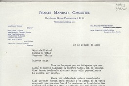 [Carta] 1950 oct. 19, Washington D. C., [Estados Unidos] [a] Gabriela Mistral, Cónsul de Chile, Veracruz, México