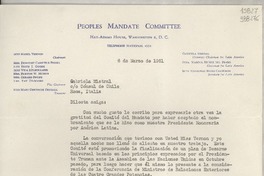 [Carta] 1951 mar. 6, Washington D. C., [Estados Unidos] [a] Gabriela Mistral, Cónsul de Chile, Roma, Italia