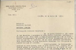 [Carta] 1951 abr. 20, Vicuña, Chile [a la] Señorita Gabriela Mistral, Nápoles, Italia