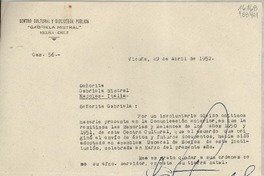 [Carta] 1952 abr. 29, Vicuña, Chile [a la] Señorita Gabriela Mistral, Nápoles, Italia
