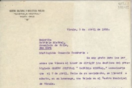 [Carta] 1953 abr. 3, Vicuña, [Chile] [a] Señorita Gabriela Mistral, Consulado de Chile, New York