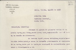 [Carta] 1953 mayo 31, Vicuña, [Chile] [a] Señorita Gabriela Mistral, Nueva York