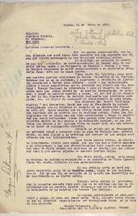 [Carta] 1953 mar. 21, Vicuña, Chile [a la] Señorita Gabriela Mistral, 61 Broadway, New York, [EE.UU.]