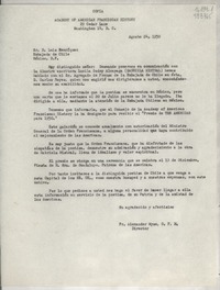 [Carta] 1950 ago. 24, Academy of American Franciscan History, 29 Cedar Lane, Washington 14, D. C., [EE.UU.] [al] Sr. D. Luis Henríquez, Embajada de Chile, México, D. F.