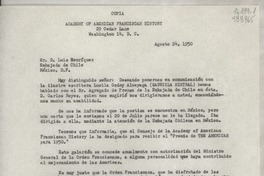 [Carta] 1950 ago. 24, Academy of American Franciscan History, 29 Cedar Lane, Washington 14, D. C., [EE.UU.] [al] Sr. D. Luis Henríquez, Embajada de Chile, México, D. F.