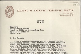 [Carta] 1950 July 20, Washington D. C., [Estados Unidos] [a] Exma Srta Doña Gabriela Mistral, Cónsul de Chile en Los Angeles, Cal.