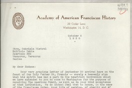 [Carta] 1950 Oct. 6, Washington D. C., [Estados Unidos] [a] Srta Gabriela Mistral, Edificio Bahía, Apartado 338, Veracruz, Veracruz, México