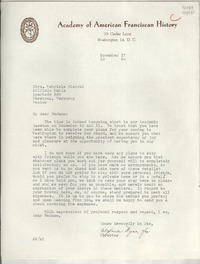[Carta] 1950 Nov. 17, Academy of American Franciscan History, 29 Cedar Lane, Washington 14, D. C., [EE.UU.] [a la] Stra. [i.e. Srta.] Gabriela Mistral, Edificio Bahia, Apartado 338, Veracruz, Veracruz, México