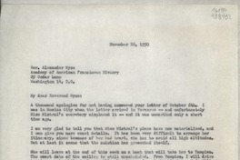 [Carta] 1950 Nov. 26, Mexico City, [México] [al] Rev. Alexander Wyse, Academy of American Franciscan History, 29 Cedar Lane, Washington 14, D. C., [EE.UU.]