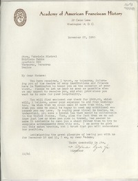 [Carta] 1950 Nov. 27, Academy of American Franciscan History, 29 Cedar Lane, Washington 14, D. C., [EE.UU.] [a la] Stra. [i.e. Srta.] Gabriela Mistral, Edificio Bahia, Apartado 338, Veracruz, Veracruz, México