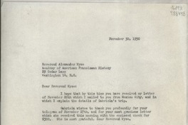 [Carta] 1950 Nov. 30, Apartado # 338, Veracruz, Ver., [México] [al] Reverend Alexander Wyse, Academy of American Franciscan History, 29 Cedar Lane, Washington 14, D. C., [EE.UU.]