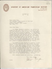 [Carta] 1951 Jan. 22, Academy of American Franciscan History, 29 Cedar Lane, Washington 14, D. C., [EE.UU.] [a] Miss Doris Dana, co Guaranty Trust Company of New York, "Hold Mail" Department, Madison Avenue & 60 th Street, New York, N.Y., [EE.UU.]