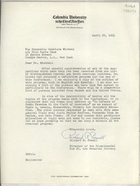 [Carta] 1954 Apr. 29, Columbia University in the City of New York, New York 27, N. Y., [EE.UU.] [a] The Honorable Gabriela Mistral, co Miss Doris Dana, 15 Spruce Street, Roslyn Harbor, L. I., New York, [EE.UU.]