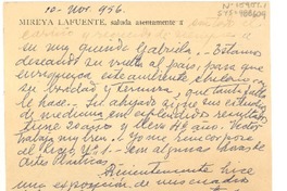 [Tarjeta] 1956 nov 10, [Santiago, Chile] [a] Gabriela [Mistral]