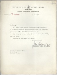 [Carta] 1956 June 14, New York, [Estados Unidos] [a] General Consulate of Chile, 61 Broadway, New York