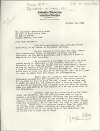[Carta] 1954 Oct. 13, Columbia University in the City of New York, New York 27, N. Y., [EE.UU.] [a] The Honorable Gabriela Mistral, In care of Miss Doris Dana, 15 Spruce Street, Roslyn Harbor, New York, [EE.UU.]