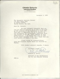 [Carta] 1954 Nov. 3, Columbia University in the City of New York, New York 27, N. Y., [EE.UU.] [a] The Honorable Gabriela Mistral, co Miss Doris Dana, 15 Spruce Street, Roslyn Harbor, New York, [EE.UU.]