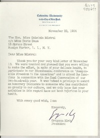 [Carta] 1954 Nov. 22, Columbia University in the City of New York, New York 27, N. Y., [EE.UU.] [a] The Hon. Miss Gabriela Mistral, co Miss Doris Dana, 15 Spruce Street, Roslyn Harbor, L. I., New York, [EE.UU.]