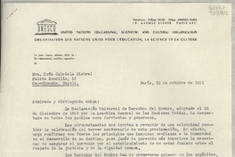 [Carta] 1951 oct. 10, París, [Francia] [a la] Sra. Doña Gabriela Mistral, Salita Sendillo, 17, Capodimonte, Napoli, [Italia]