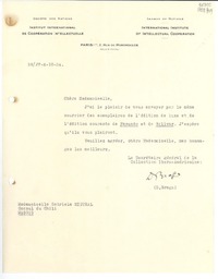 [Carta] 1934 oct. 2, Paris, [Francia] [a] Mademoiselle Gabriela Mistral, Consul du Chili, Madrid