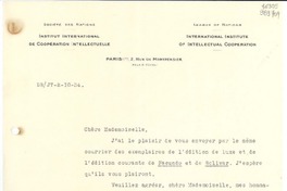[Carta] 1934 oct. 2, Paris, [Francia] [a] Mademoiselle Gabriela Mistral, Consul du Chili, Madrid