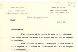 [Carta] 1935 oct. 14, Paris, 2 Rue de Montpensier, [France] [a la] Mademoiselle Gabriela Mistral, Consul du Chili à Madrid, Consulat du Chili, Madrid, Espagne