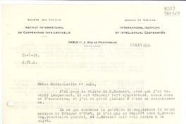 [Carta] 1936 mar. 13, Paris, [Francia] [a] Mademoiselle G. Mistral, Consul du Chili, Lisbonne