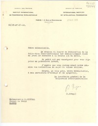 [Carta] 1935 nov. 29, Paris, 2 Rue de Montpensier, [France] [a la] Mademoiselle G. Mistral, Consul du Chili, Madrid, [Espagne]