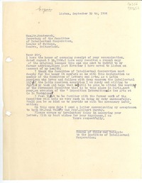 [Carta] 1936 Sept. 10, Lisboa, [Portugal] [al] Hon. Mr. Montenach, Secretary of the Committee of Intellectual Cooperation, League of Nations, Geneve, Switzerland