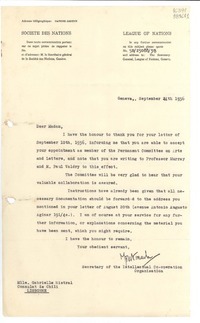 [Carta] 1936 Sept. 24, Geneva, [Suiza] [a] Mlle. Gabrielle Mistral, Consulat de Chili, Lisbonne
