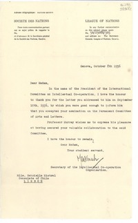 [Carta] 1936 Oct. 8, Geneva, [Suiza] [a] Mlle. Gabrielle Mistral, Consulate of Chile, Lisbon
