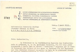 [Carta] 1937 août 5, Rome, [Italia] [a] Mademoiselle Gabrielle Mistral, Consulat Général du Chili, Río de Janeiro