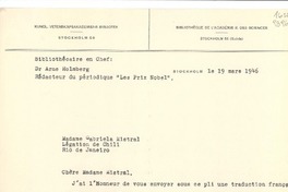 [Carta] 1946 mars 19, Stockholm 50, Suède [a la] Madame Gabriela Mistral, Légation de Chili, Rio de Janeiro, [Brasil]