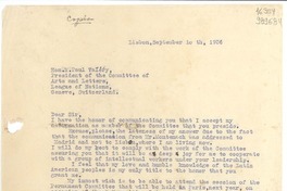 [Carta] 1936 Sept. 10, Lisbon, [Portugal] [a] Hon. M. Paul Valéry, President of he Committee of Arts and Letters, League of Nations, Geneve, Switzerland