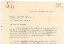[Carta] 1939 ene. 29, Quito, [Ecuador] [a la] Srita. Gabriela Mistral, 24 Bay St., St. Agustine, Florida, [EE.UU.]