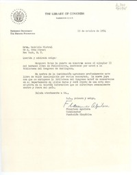 [Carta] 1954 oct. 15, The Library of Congress, Washington 25, D. C., [EE.UU.] [a la] Srta. Gabriela Mistral, 58 E. 55th Street, New York, N. Y., [EE.UU.]